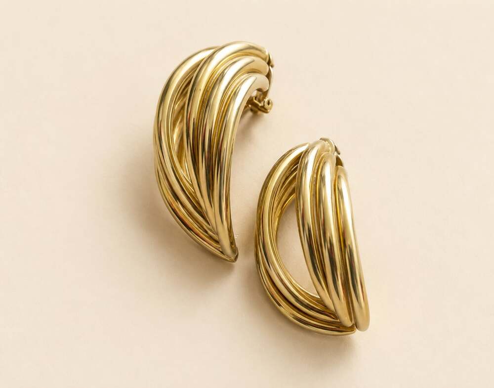 Vintage Gold Tone Ribbed Statement Clip-On Earrings • Chunky Twisted Glam